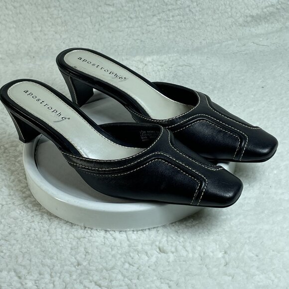 Apostrophe Mules Womens Size 7.5 Black Slide On Mules 2 Inch Block Heel Leather - Picture 1 of 10